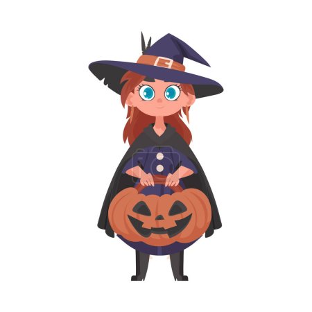 Illustration for A little girl is wearing a scary witch costume and holding a pumpkin. The Halloween theme is all about having fun and doing enjoyable things that are connected to Halloween. - Royalty Free Image