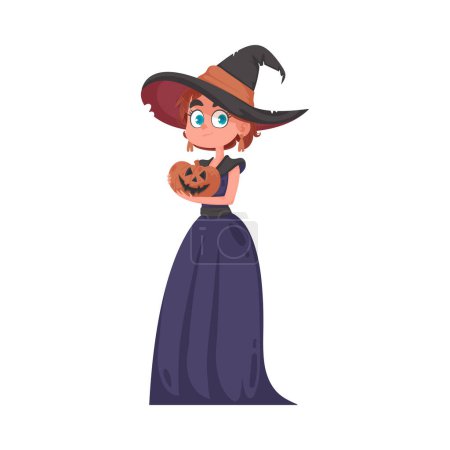 Ein kleines Mädchen ist als furchterregende Hexe verkleidet und trägt einen Kürbis. Das Thema Halloween dreht sich um die lustigen und unterhaltsamen Dinge und Aktivitäten, die mit Halloween zusammenhängen.
