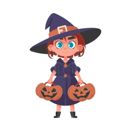 Illustration for A little girl is dressed as a scary witch and she is holding a pumpkin. The idea behind Halloween is to enjoy yourself and do fun things that are related to Halloween. - Royalty Free Image