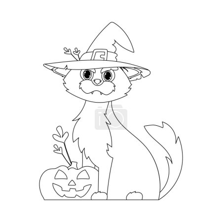Illustration for A beautiful cat with a witch's hat is sitting on a pumpkin, waiting calmly for Halloween.Linear style. - Royalty Free Image