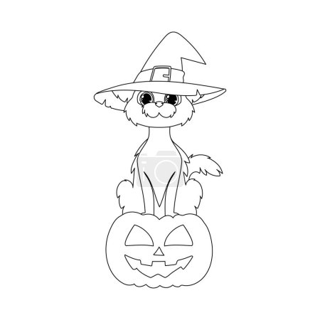 Illustration for A pretty cat wearing a witch's hat is sitting on a pumpkin and patiently waiting for Halloween.Linear style. - Royalty Free Image