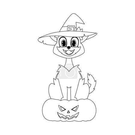 Illustration for A cute cat with a witchs hat is sitting on a pumpkin and waiting calmly for Halloween.Linear style. - Royalty Free Image