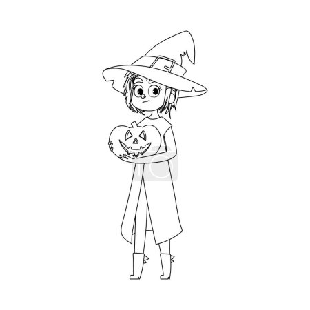 Illustration for A young girl is dressed as a witch. She is very excited and eagerly waiting for Halloween with a pumpkin in her hand.Linear style. - Royalty Free Image