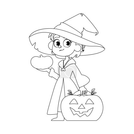 Illustration for A young girl dressed as a witch is excitedly holding a pumpkin, looking forward to Halloween.Linear style. - Royalty Free Image
