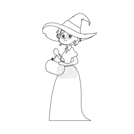 Ein kleines Mädchen als Hexe verkleidet hält fröhlich einen Kürbis in der Hand und wartet sehnsüchtig auf Halloween.Linearer Stil.