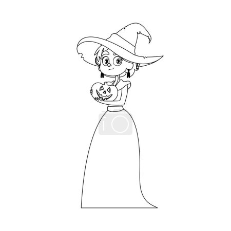 Ilustración de Una niña pequeña con un disfraz de bruja está felizmente sosteniendo una calabaza y esperando con entusiasmo a Halloween.Linear estilo. - Imagen libre de derechos