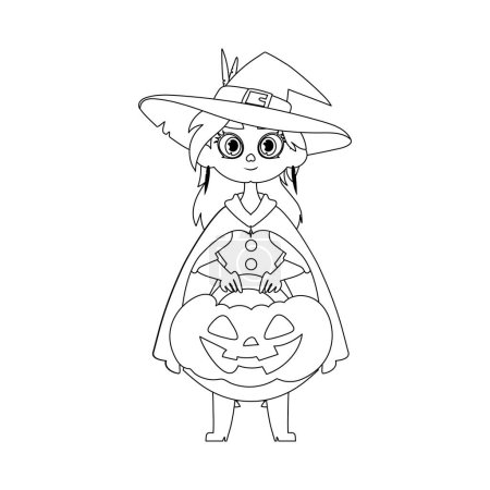 Illustration for A little girl wearing a witch outfit is joyfully carrying a pumpkin and eagerly anticipating Halloween.Linear style. - Royalty Free Image