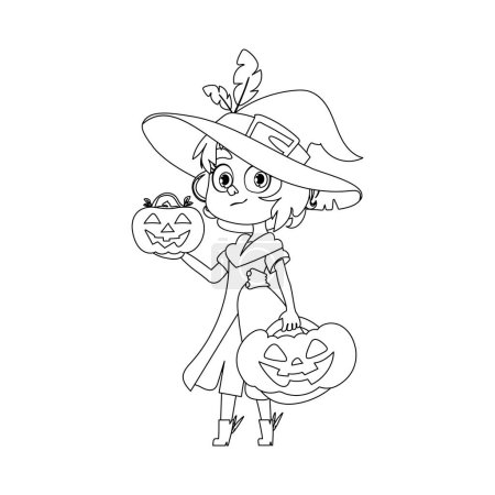 Illustration for A young girl dressed as a witch happily holds a pumpkin and is excited for Halloween.Linear style. - Royalty Free Image