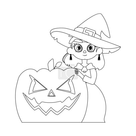 Illustration for A little girl wearing a witch costume is happily holding a pumpkin and looking forward to Halloween.Linear style. - Royalty Free Image