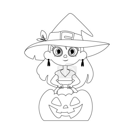 Illustration for A little girl is wearing a witch costume, happily holding a pumpkin and eagerly waiting for Halloween.Linear style. - Royalty Free Image