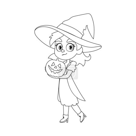 Illustration for A small girl dressed as a witch is joyfully holding a pumpkin and excitedly waiting for Halloween.Linear style. - Royalty Free Image