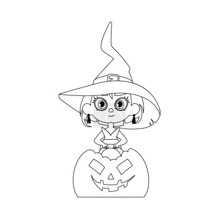 Illustration for A small girl is dressed as a witch, happily carrying a pumpkin and excitedly waiting for Halloween.Linear style. - Royalty Free Image
