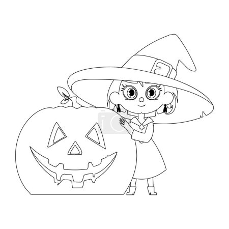 Illustration for A little girl is wearing a witch costume, happily holding a pumpkin and eagerly expecting Halloween.Linear style. - Royalty Free Image