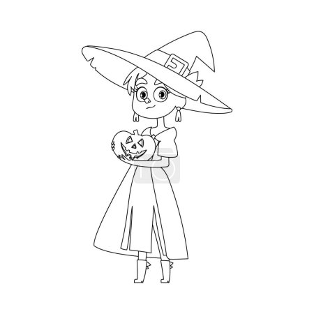 Une petite fille porte un costume de sorcière, elle est vraiment heureuse et attend avec impatience Halloween tout en tenant une pompe.Style linéaire.