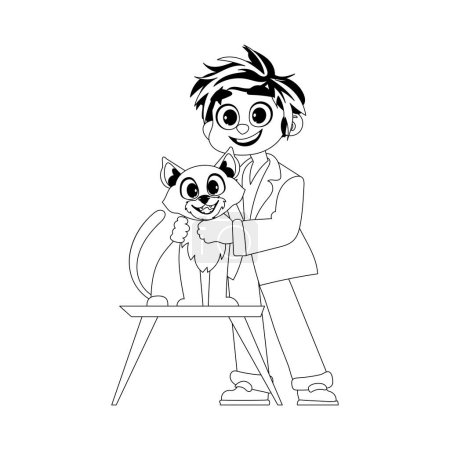 A joyful man who likes and cares for animals, like a cute cat. Childrens coloring page.