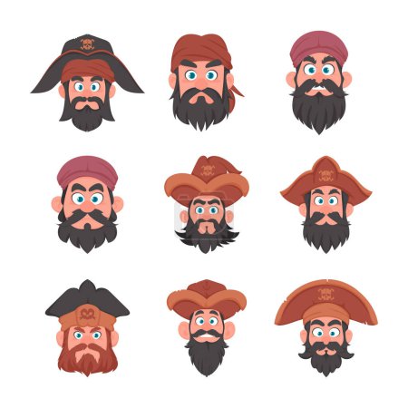 Set of various faces of pirates and robbers. Cartoon style