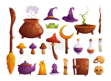Photo for Set of cartoon items for magic and witchcraft.. A cauldron with a potion, a magic wand and a broom, mushrooms, candles, a book of spells, skulls and witch hats, a toad and a sprout of a witch's plant. - Royalty Free Image