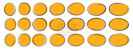 Set aus handgezeichneten Ovalen und Kreisen mit gelbem Hintergrund. Ovale unterschiedlicher Breite. Wählen Sie die Kreis-Rahmen. Ellipsen im Doodle-Stil.