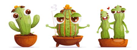 Ilustración de Conjunto de tres lindos cactus de dibujos animados. Personajes emocionales, cactus detallados mostrando maravilla, calma, meditación y amor. - Imagen libre de derechos