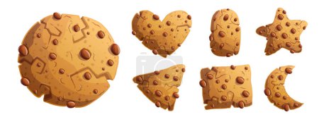Traditional chocolate cookies in different forms. Round, triangular, square, star and heart shaped chocolate cookies. Set of vector detailed cartoon illustrations.
