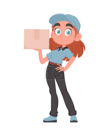 Smiling Delivery Girl with Package in Blue Uniform. Cheerful Female Courier Holding Paper Box. Vector Cartoon Illustration.