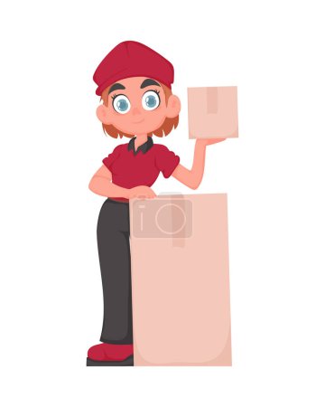 Ilustración de Mujer Smiling Delivery en uniforme rojo sosteniendo una caja de papel. Linda chica entregando bienes en estilo de dibujos animados vectorial. - Imagen libre de derechos