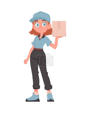 Lächelndes Liefermädchen mit Paket in blauer Uniform. Fröhliche Kurierin mit Papierschachtel. Vektor Cartoon Illustration.