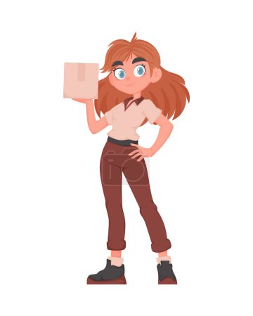 Adorable Delivery Girl with Parcel in Vector Cartoon Style. Female Courier in Beige and Brown Uniform Holding Paper Box. Fast and Reliable Goods Delivery Concept.