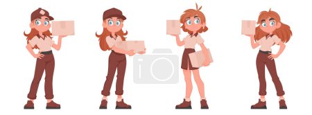 Conjunto de cuatro lindas chicas de reparto sosteniendo una caja de papel en sus manos. Mujer de parto vistiendo un uniforme beige y marrón. Estilo de dibujos animados vectorial.