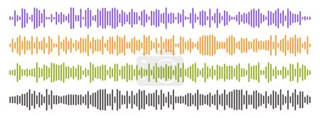 Conjunto de cuatro ondas sonoras largas vectoriales de diferentes intensidades. Tecnología de ecualizador de audio, música de pulso. Reproductor de audio. Ilustración vectorial.