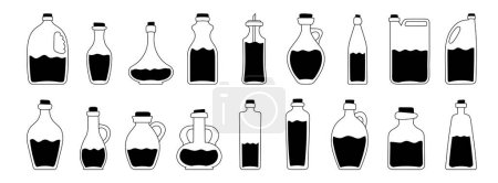 Illustration for Set of various bottles with oil. Glass bottles of different shapes with different virgin oils. Vector black icons on white background - Royalty Free Image