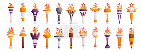 Set of Medieval torches with burning flames. Antique stone, marble, gold and wooden torches of various shapes with fire. Symbol of the Olympics. Cartoon elements for a computer game, flaming torch.