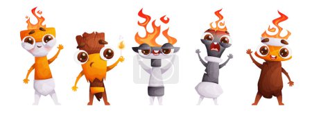 Set of five cute characters Medieval torches with burning flames. Emotional Antique torches of different shapes with fire. Symbol of the Olympics. Cartoon style.