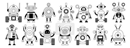 Photo for Set of linear black and white robot icons Isolated on white background. Character Artificial Intelligence Concept Flat Vector Illustration. - Royalty Free Image