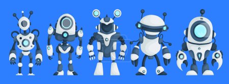Set von fünf modernen Robotern isoliert auf blauem Hintergrund Netter Charakter Cartoon-Konzept Künstliche Intelligenz Flat Vector Illustration