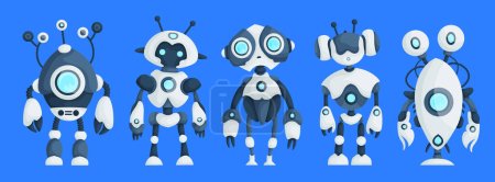 Ensemble de cinq robots modernes isolés sur fond bleu Dessin animé personnage mignon Concept d'intelligence artificielle Illustration vectorielle plate