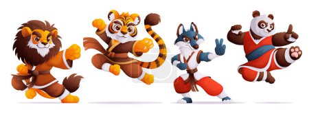 Ensemble de quatre personnages maîtres du kung-fu. Un lion, un tigre, un loup et un panda dans un kimono pratiquent le kung-fu. poses dynamiques, coloré détaillée Cartoon style vecteur.