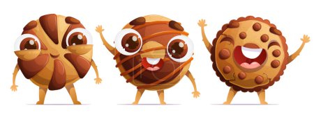 A set of three cute characters in the form of traditional cookies. Little happy shortbread cookies with chocolate chips. Dynamic poses, colorful detailed Cartoon style vector.