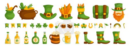 Set of symbols and elements for St. Patrick's Day. Bottles of beer, glasses of beer, cone hats, cauldrons with gold, three-leaf and four-leaf clovers, flags, horseshoes, boots and bows. Green palette