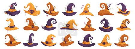 Illustration for Set of Traditional headdress of magicians, sorcerers, druids and witches in purple, yellow and brown colors and small details, feathers, branches, pins, flowers and mushrooms. Cartoon style. - Royalty Free Image