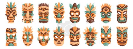 Illustration for Set of sixteen wooden tiki masks. Cartoon ceremonial tiki totem masks, African or Hawaiian idols. Set of vector illustrations Ethnic tribal ritual masks. - Royalty Free Image