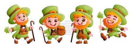 Set of four happy and cute leprechauns in a green suit. A red-haired boy with a beard, wearing a green conical hat. Symbol of the holiday Saint Patrick. Cartoon style