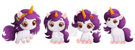 Ilustración de Un conjunto de cuatro unicornios lechosos felices y lindos con una melena púrpura. Pony con un cuerno amarillo. Estilo de dibujos animados, - Imagen libre de derechos