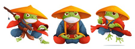 A set of three toads in the form of kung fu masters in a red and blue kimono and a yellow straw hat. A frog monk in a lotus position meditates, a green toad in a dynamic kung fu pose.