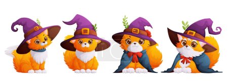 Ilustración de Un conjunto de cuatro gatos felices y lindos con un sombrero de bruja púrpura en la cabeza. Tema Halloween, gatito con sombrero de mago y manto. Estilo de dibujos animados - Imagen libre de derechos