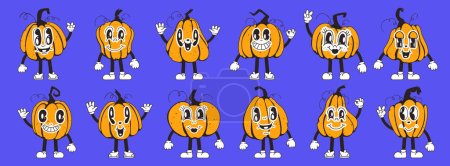 Illustration for Set of pumpkin characters, orange, in retro cartoon style. Squash characters in 90s style. Autumn thanksgiving and halloween pumpkins collection - Royalty Free Image