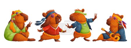 Téléchargez les illustrations : Ensemble de paisibles capybaras hippies. Calme capybara dans des vêtements hippie lumineux et des lunettes roses, détend, médite et joue une petite guitare ukulélé. Cartoon style - en licence libre de droit