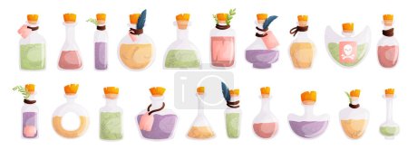 Set of twenty Magic bottles for witchcraft. Game potion. Cartoon elixir for strength mana and stamina, love potion poison and antidote in magic phials. Cartoon style