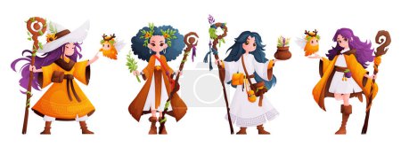 Un ensemble de quatre filles, gardiennes de la forêt. Femme druide, herboriste ou guérisseuse avec un bâton en bois. Garde forestier et curieux esprit des bois. Cartoon style