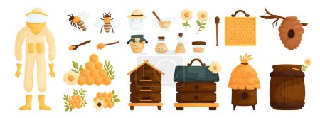 Set of honey products. Jar, bee insect, ladle, honeycomb, flowers, beehive and barrel. Honey and apiary production or equipment. Natural organic product, healthy sweet food, sugar dessert.